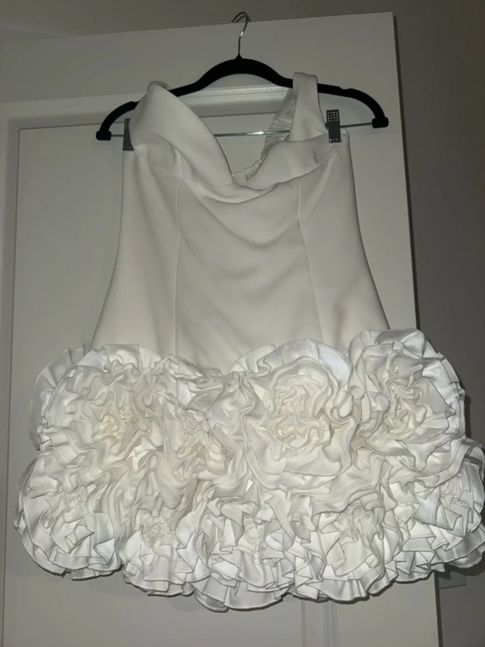 Off-Shoulder Ivory Ruffle Hem Mini Dress - Picture 2 of 5